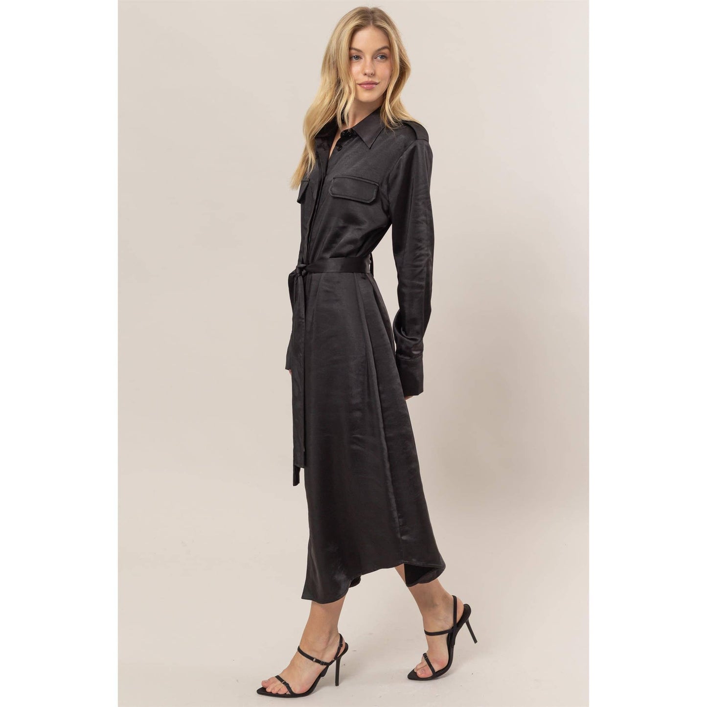 Matte Satin Belted Midi Shirt Dress