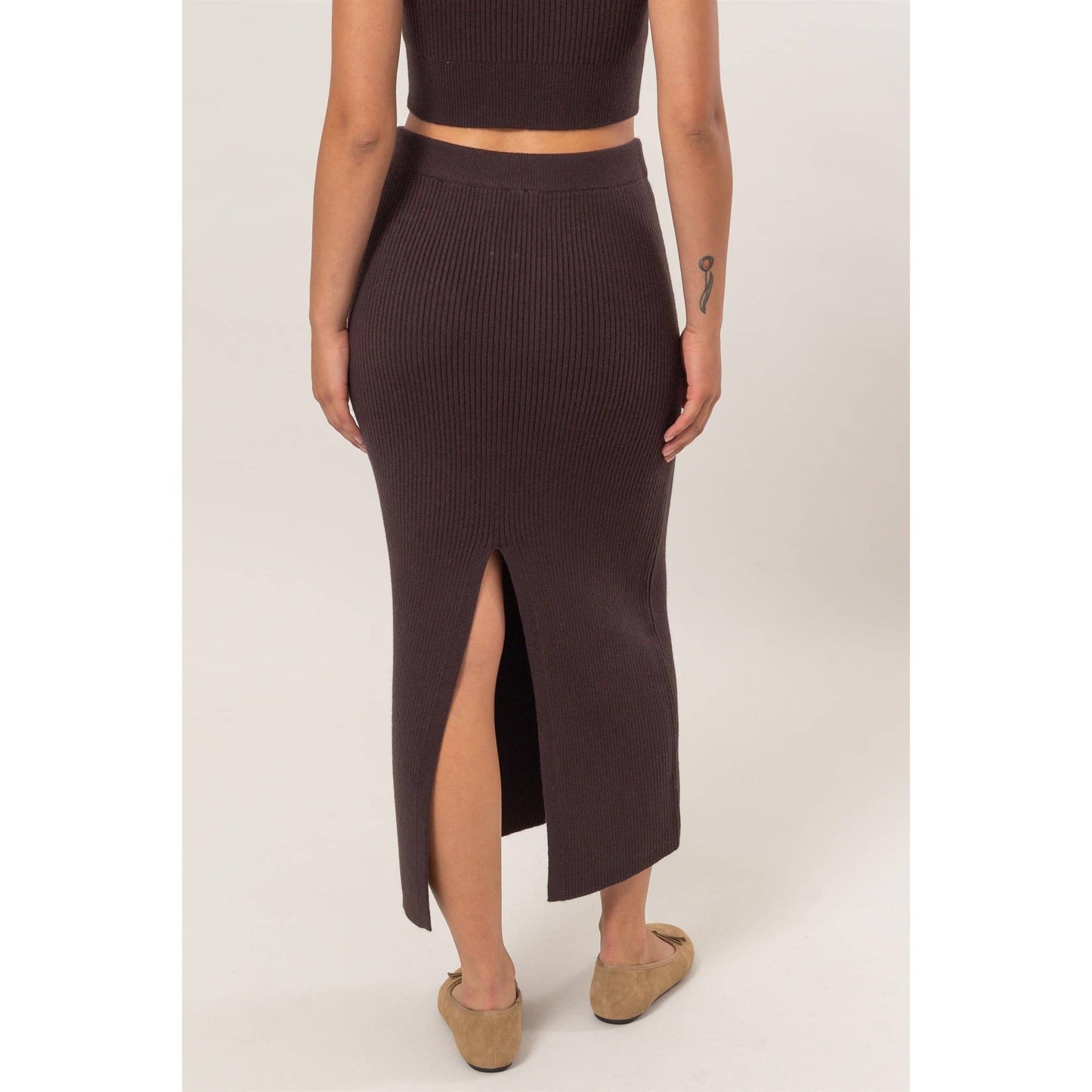 Ribbed Knit Midi Skirt: CREAM / S-M-L(2-2-2)