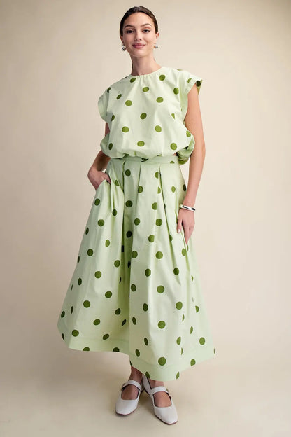 Polka Dot Pleated Midi Skirt