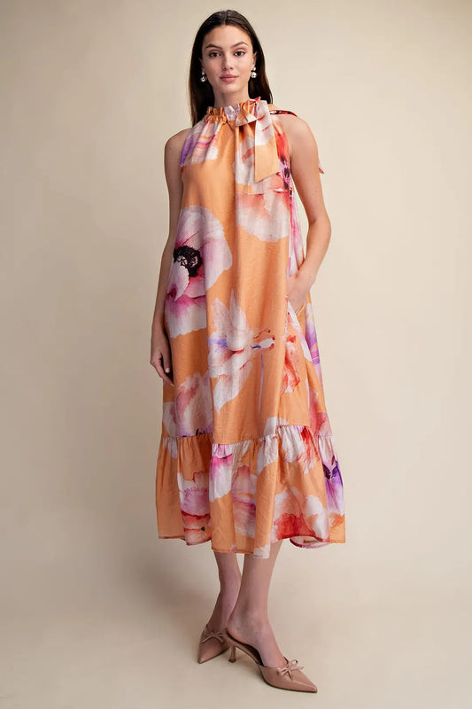 Ruffle Neck Floral Midi Dress