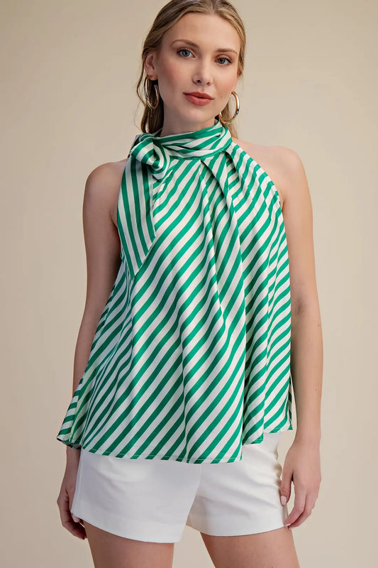 Green Striped Bow Halter Top