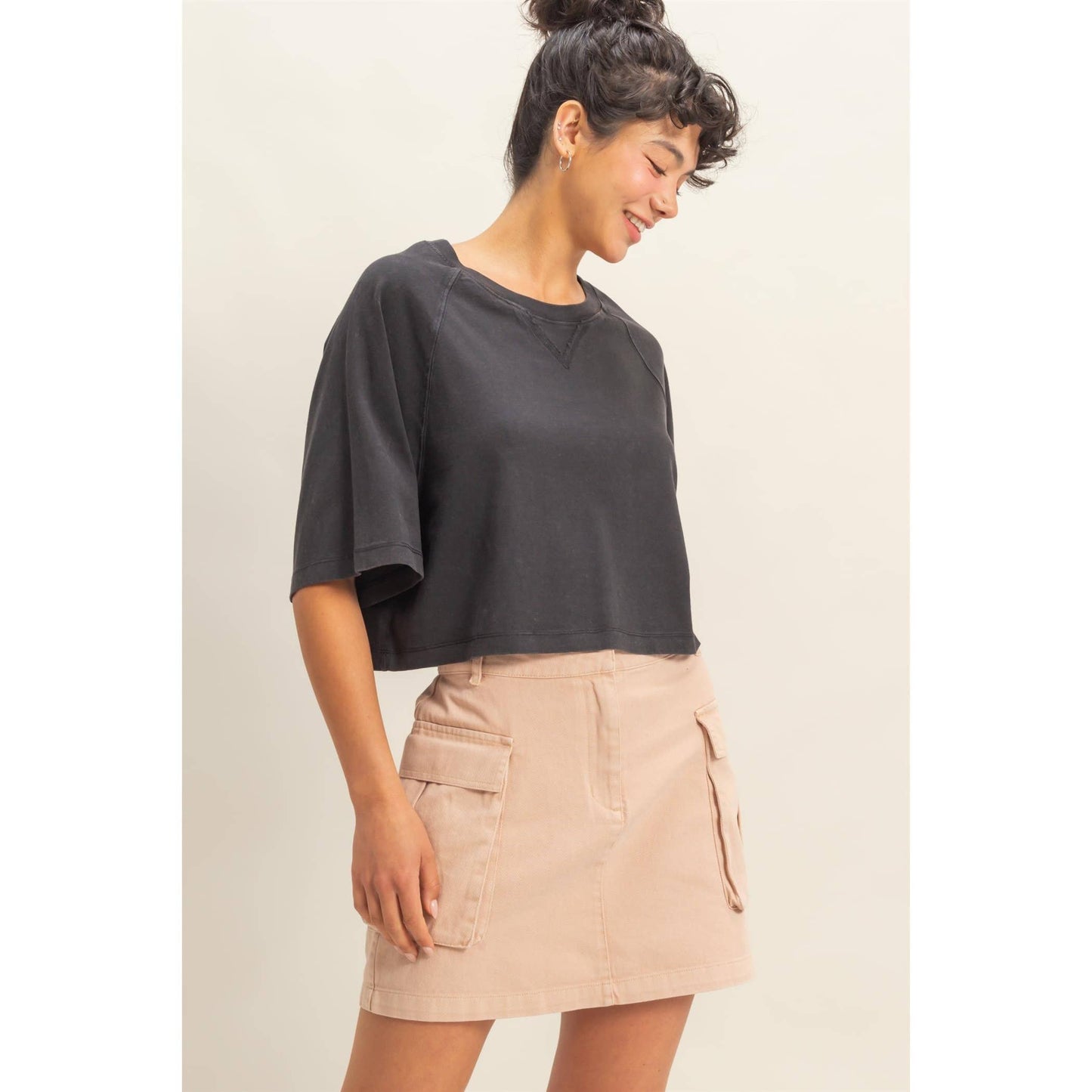 Short Sleeve Mineral Washed Cropped Tee: DARK TAUPE / S-M-L(2-2-2)