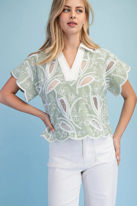 Green Tea Mesh Applique Top
