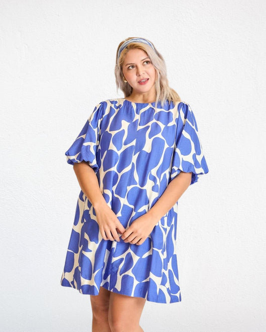 Blue and White Abstract Print Dress