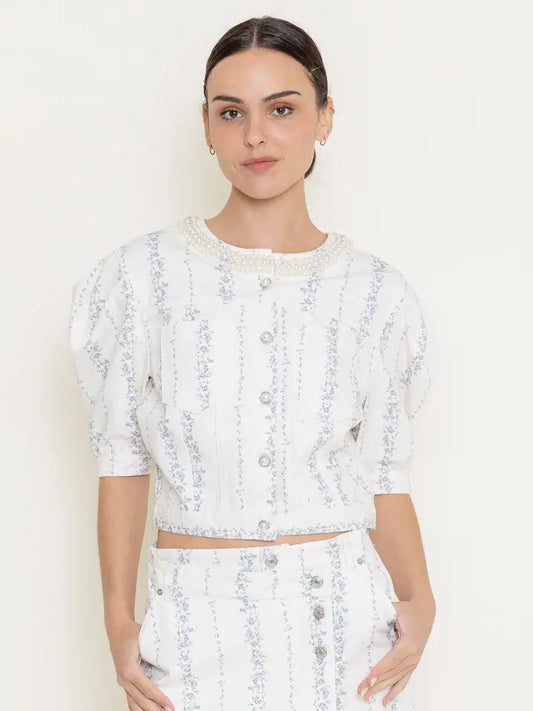Daphne Ivory Denim Floral and Pearl Top
