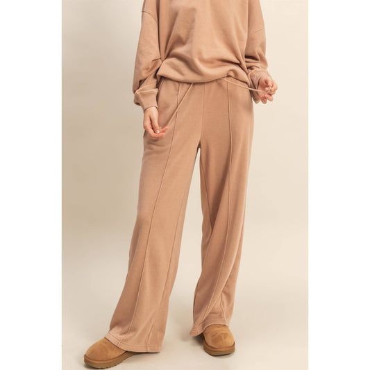 High-Waist Drawstring Pintuck Pants: DARK TAUPE / S-M-L(2-2-2)