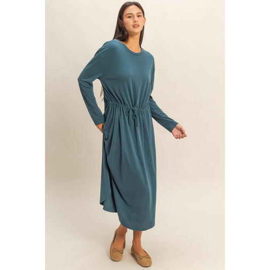Drawstring Waist Long Sleeve Midi Dress: DEEP POND