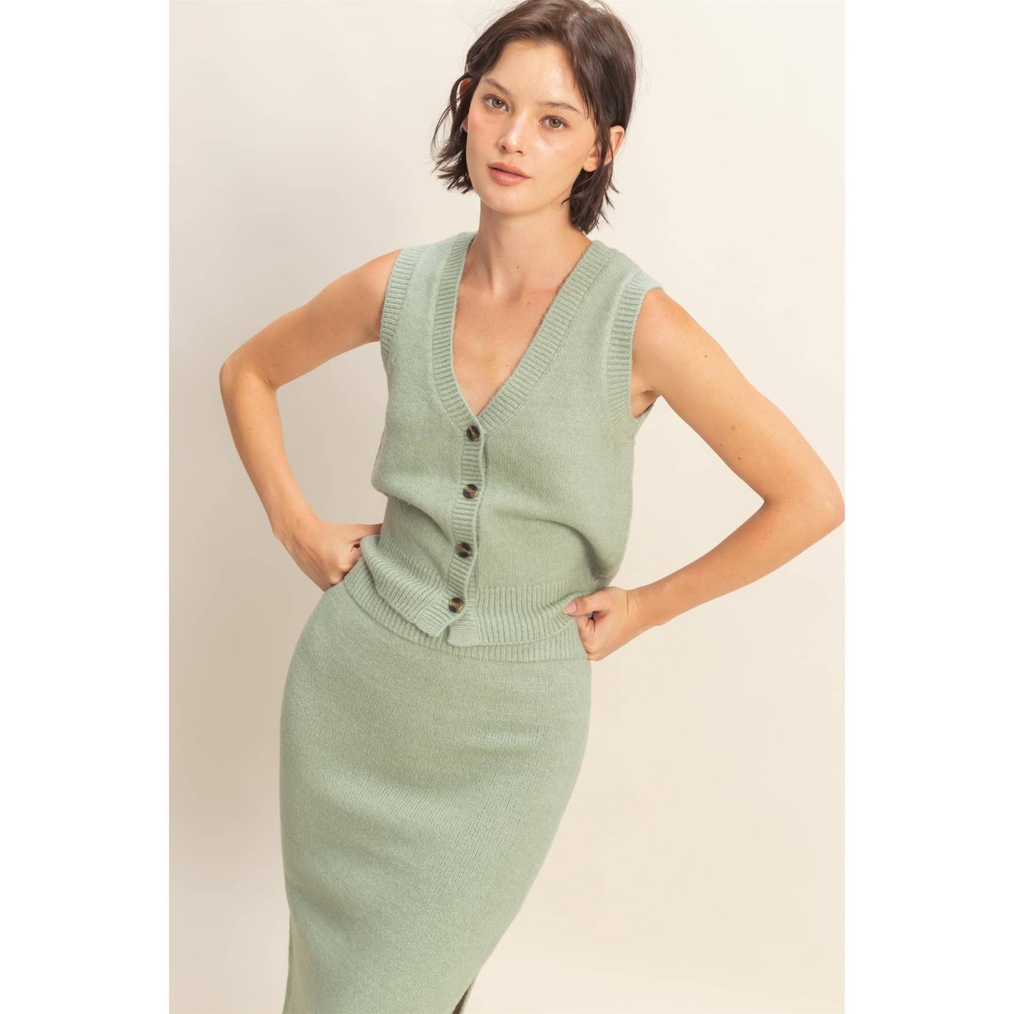 Button Front Vest & Midi Skirt Knit Set: SAGE GREEN