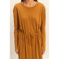 Drawstring Waist Long Sleeve Midi Dress: DEEP POND