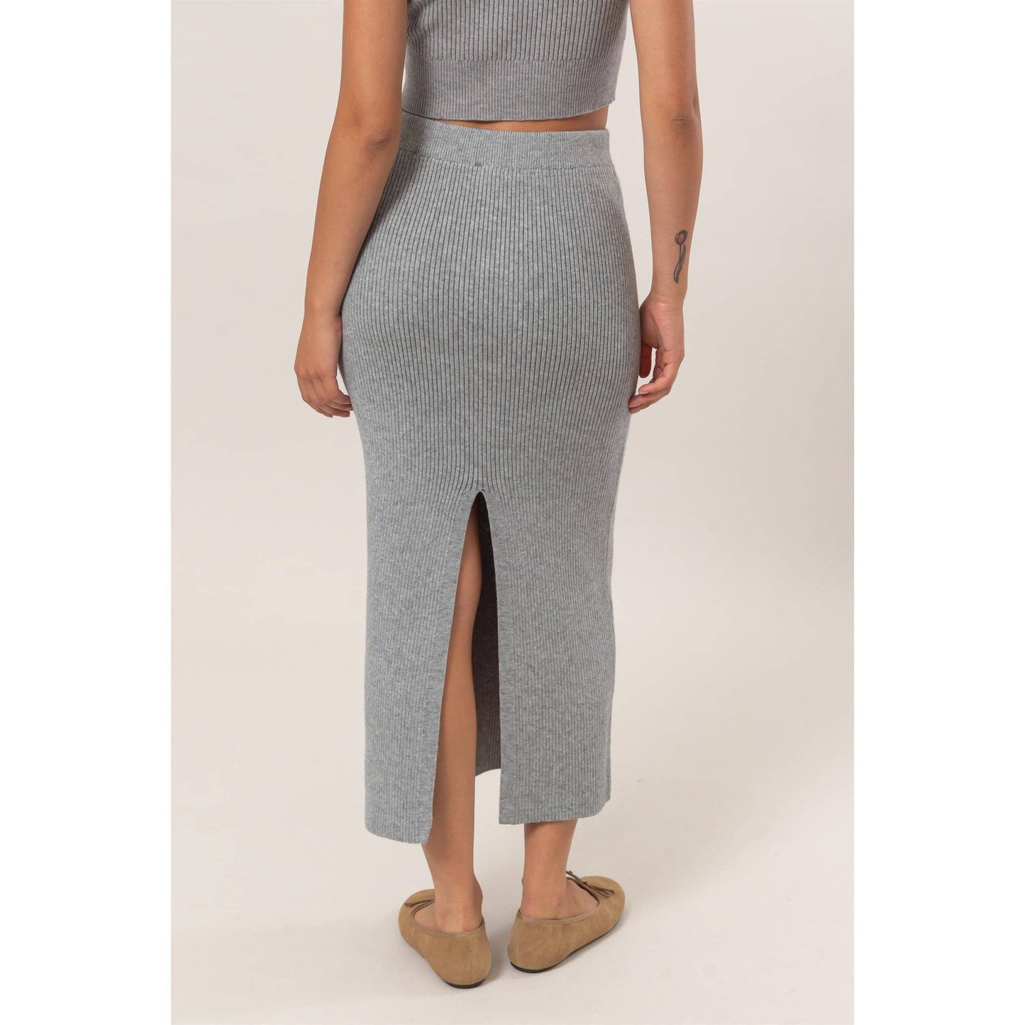 Ribbed Knit Midi Skirt: CREAM / S-M-L(2-2-2)