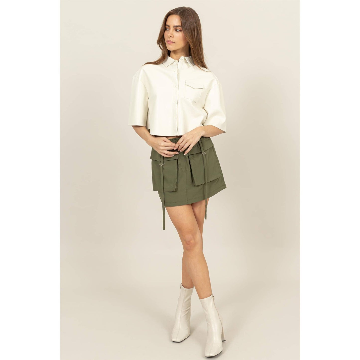 Faux Leather Button-Down Cropped Shirt