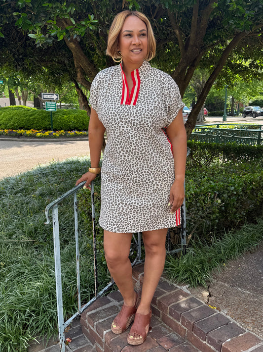 Liza Red Strip Animal Print Dress