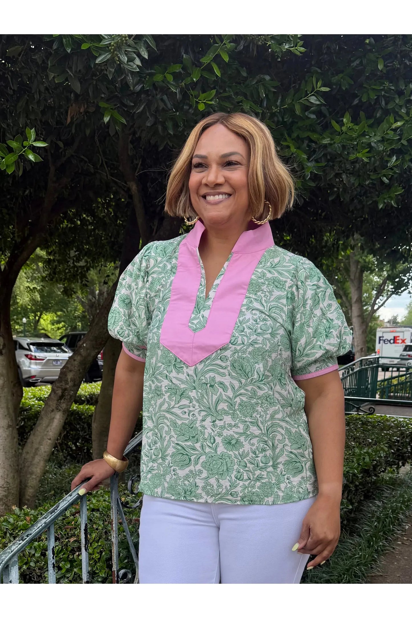Janie Green Floral Pink and Green Top