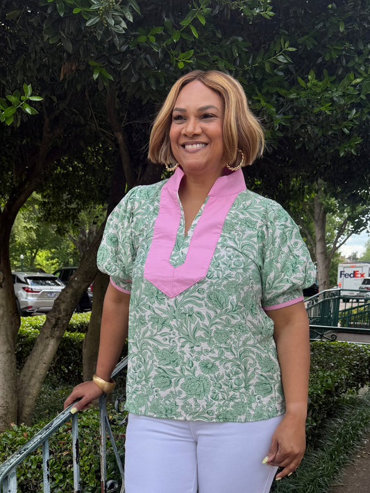 Janie Green Floral Pink and Green Top