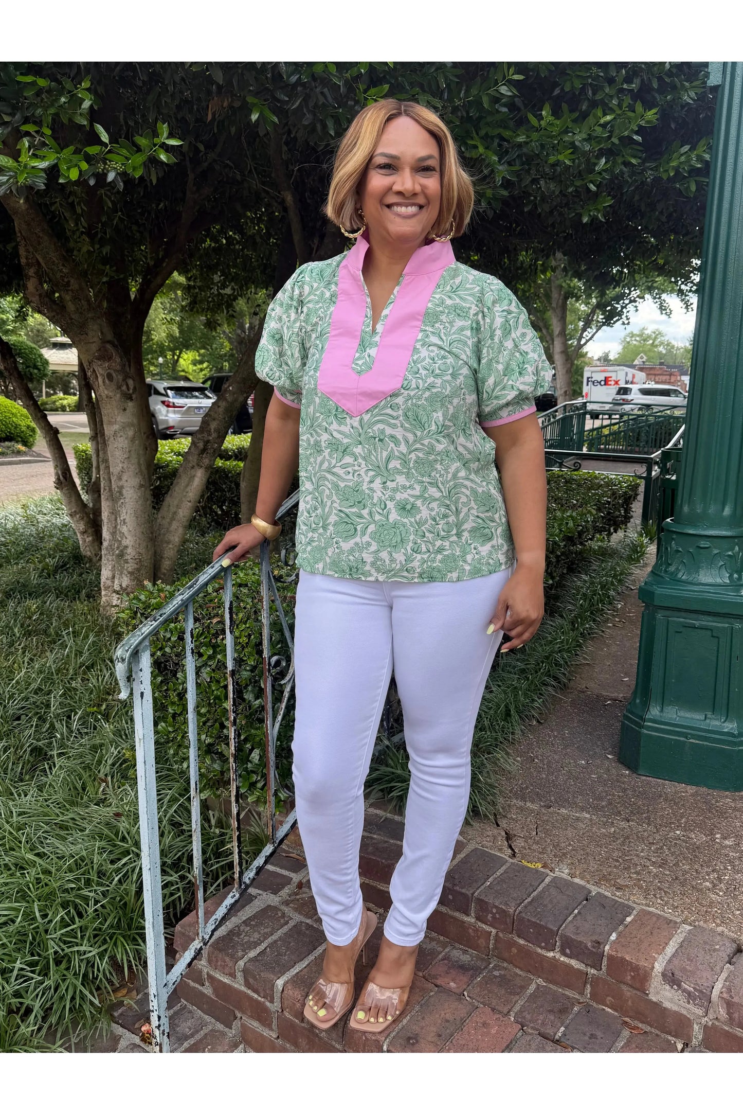 Janie Green Floral Pink and Green Top