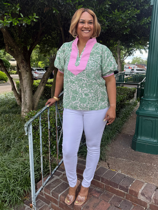 Janie Green Floral Pink and Green Top
