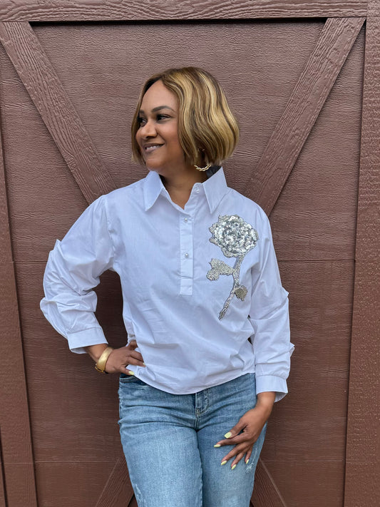 Gracie Flower Rhinestone Applique Top