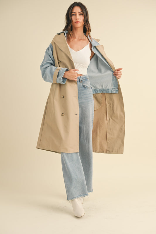 Layered Look Trench Coat With Denim Jacket