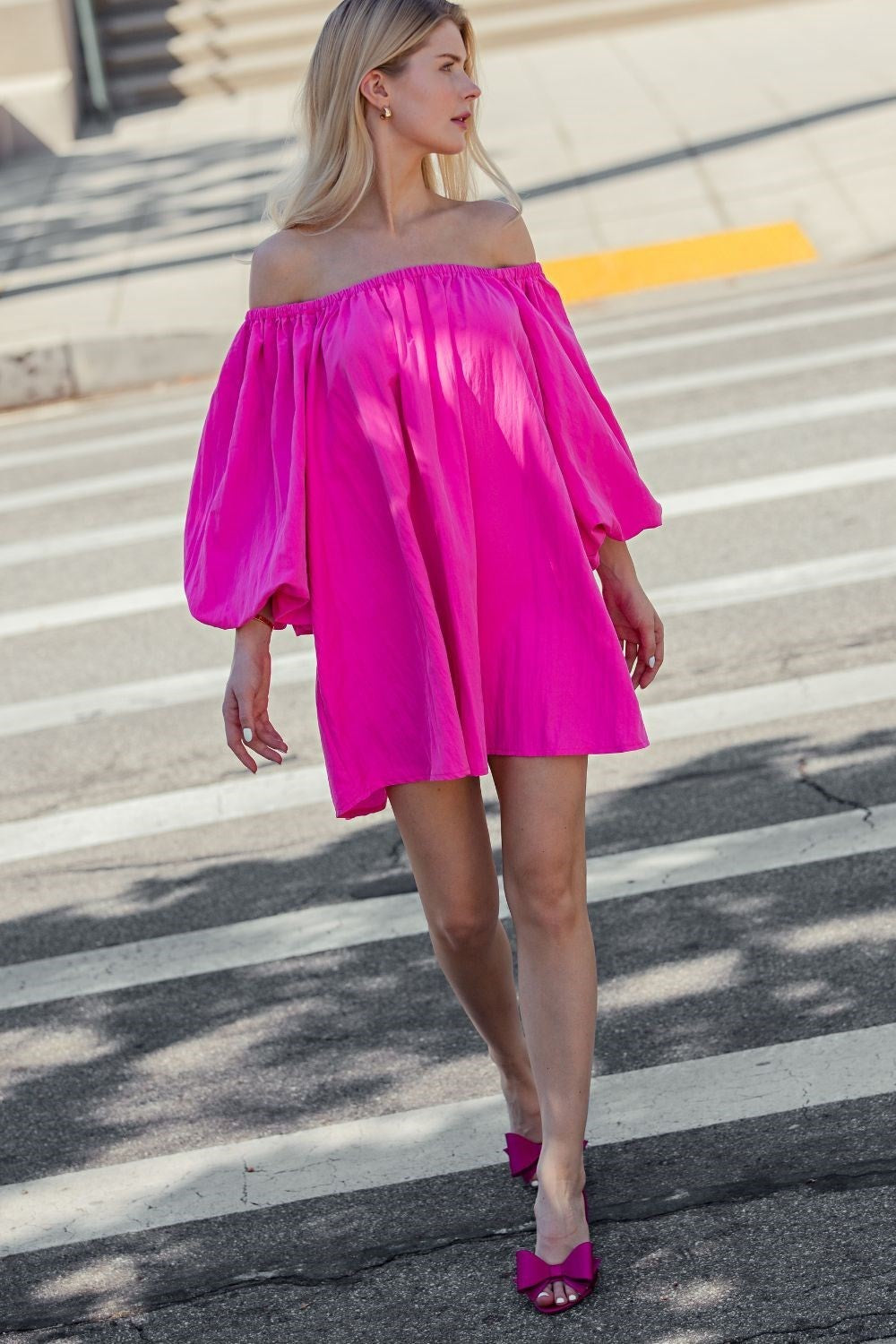 "Tiffany" Hot Pink Off Shoulder Dress