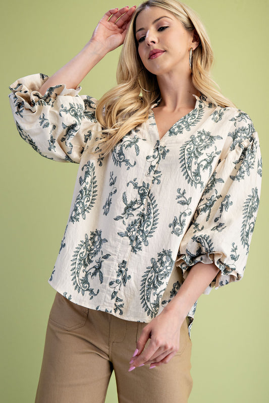 Button Down Blouse With 3/4 Length Balloon Sleeves