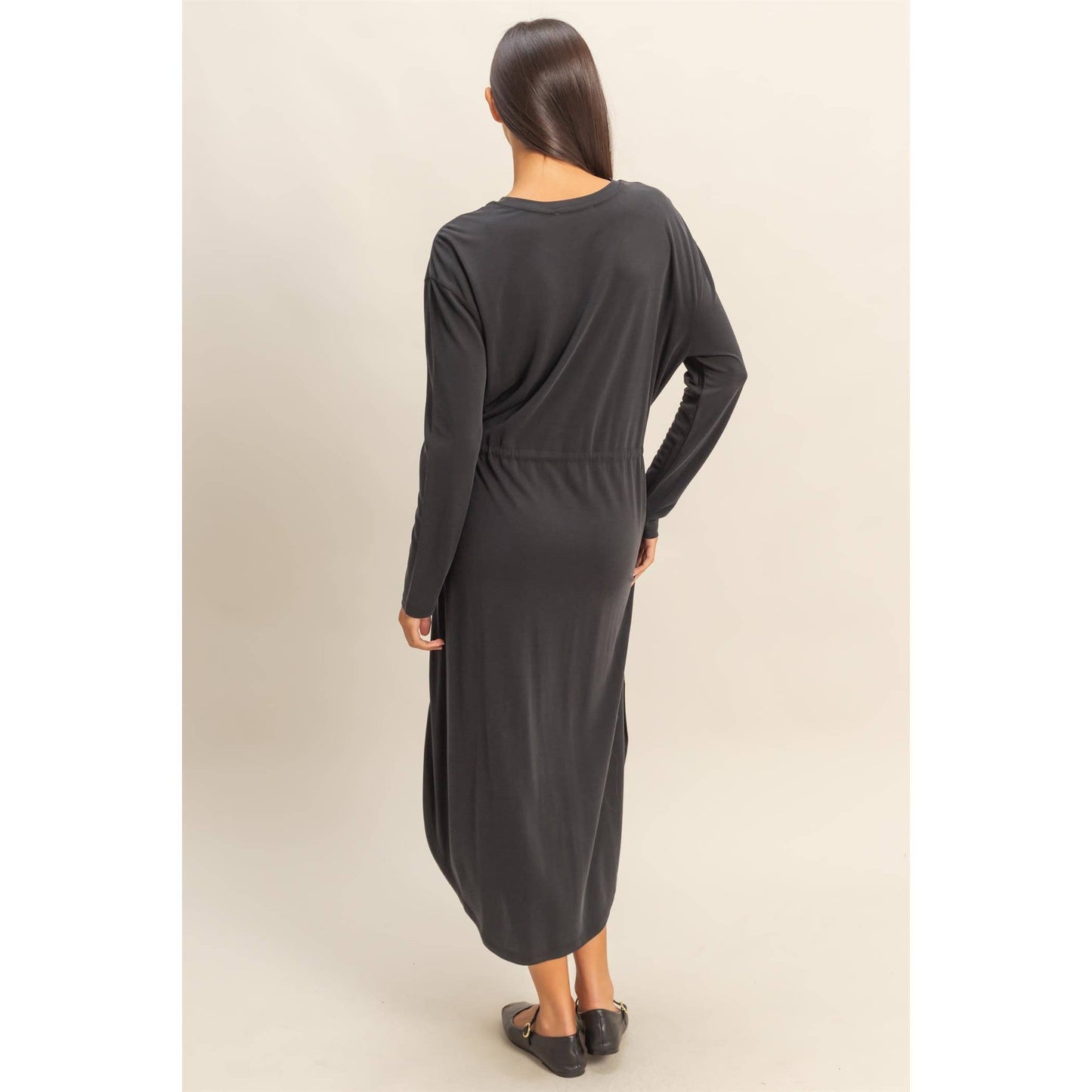 Drawstring Waist Long Sleeve Midi Dress: DEEP POND