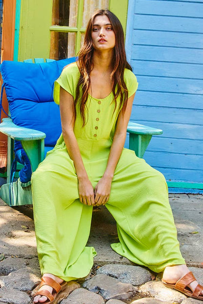 Scoop Neck Wide Leg Solid Jumpsuit: LIME GREEN / S-M-L (2-2-2)