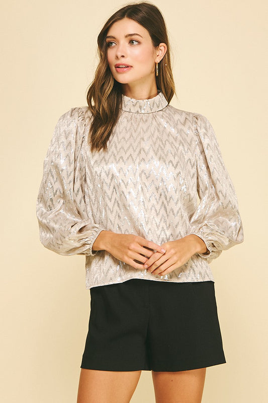 Metallic Pattern Mock Neck Blouse Top