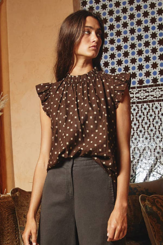 Pretty Ruffle Neck And Shoulder Blouse: BROWN
