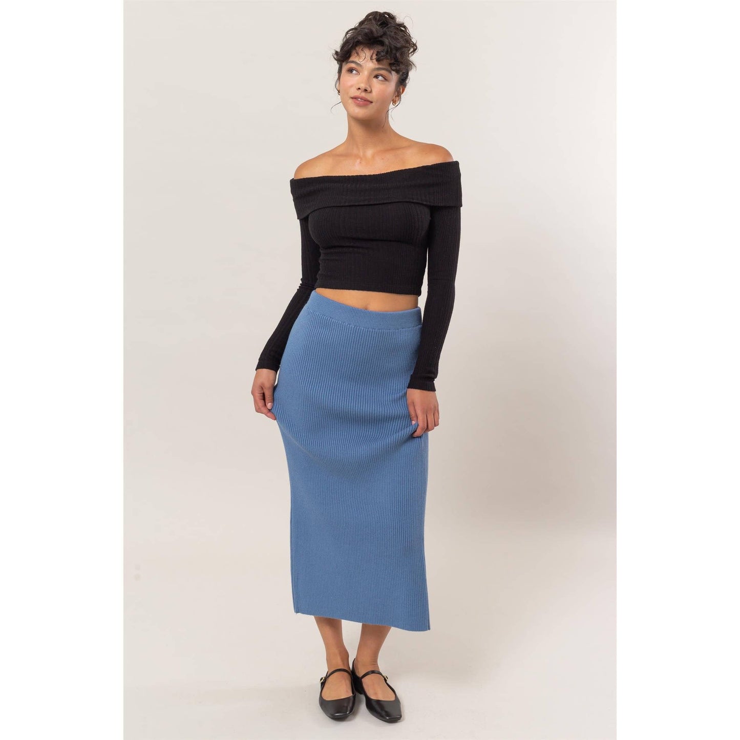 Ribbed Knit Midi Skirt: CREAM / S-M-L(2-2-2)