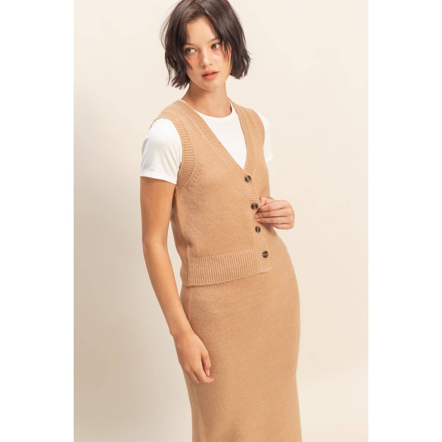 Button Front Vest & Midi Skirt Knit Set: SAGE GREEN