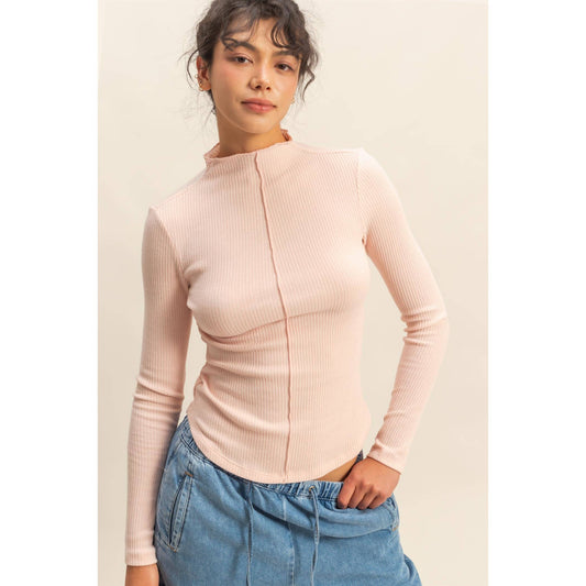 Ribbed High Neck Seam Detail Long Sleeve Top: DUSTY PINK