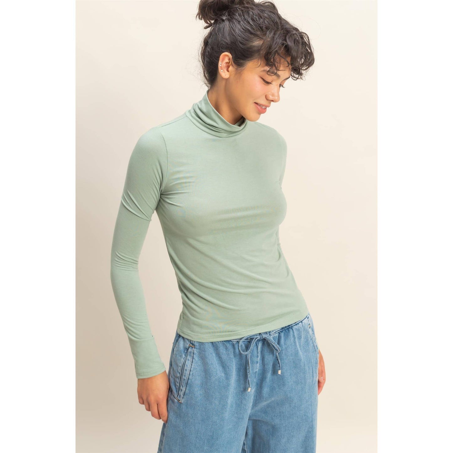 Turtleneck Long Sleeve Fitted Top: SAGE GREEN / S-M-L(2-2-2)