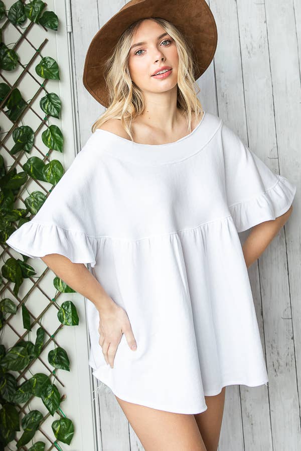 Ruffled Solid Babydoll Tunic Top: White