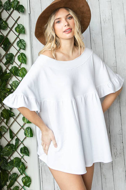 Ruffled Solid Babydoll Tunic Top: White