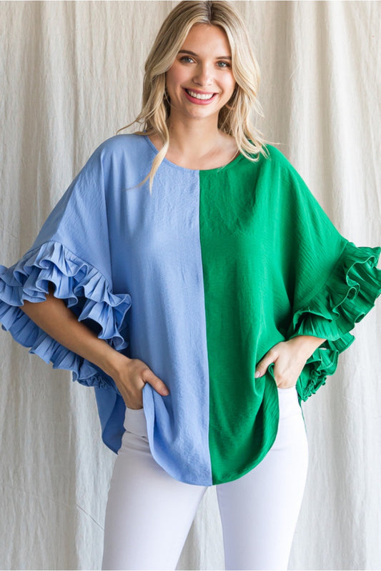 Colorblock top with a U-neck, back key hole, half dolman sleeves and layered pleated ruffle hems- blue/green