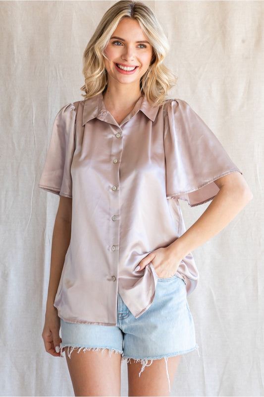 Satin solid top with collared neck, back wrinkle detail, short bell sleeves- Blush