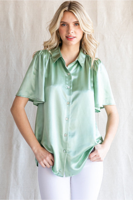 Satin solid top with collared neck, back wrinkle detail, short bell sleeves- sage