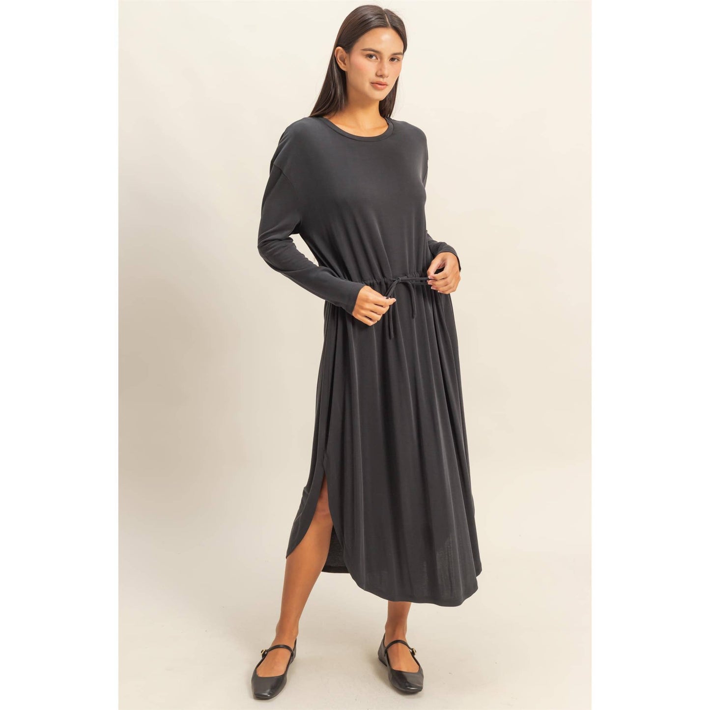 Drawstring Waist Long Sleeve Midi Dress: DEEP POND