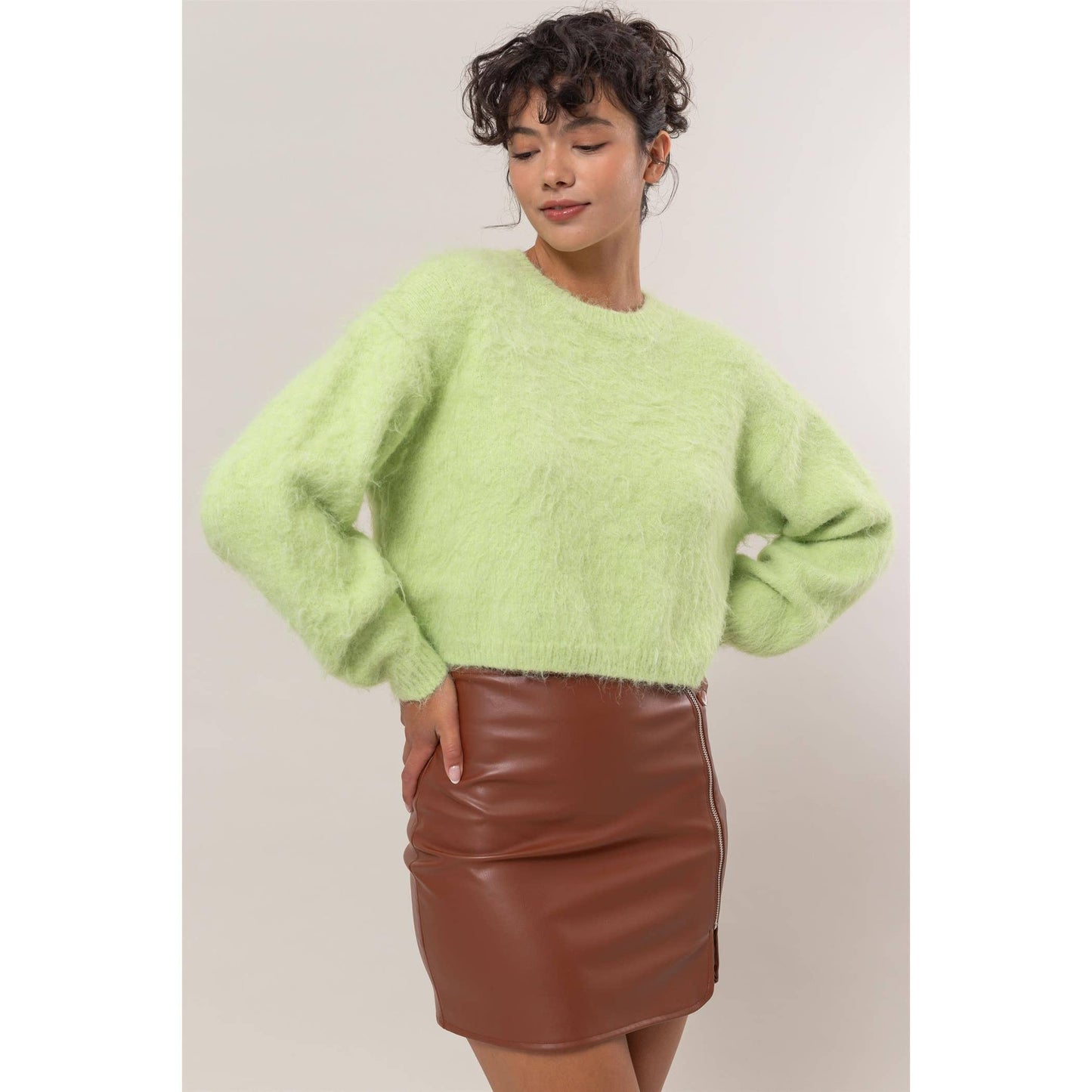 Wool Blend Cropped Sweater: LIGHT GREEN / S-M-L(2-2-2)