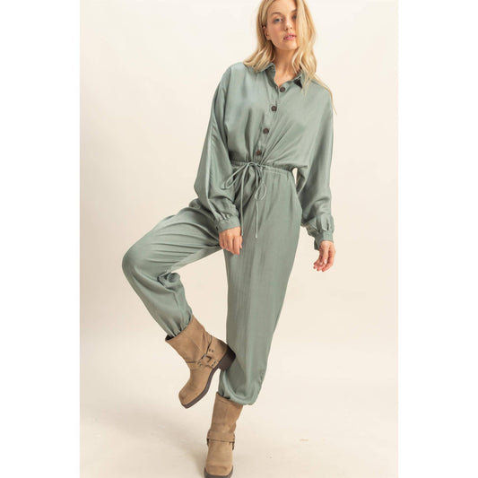 Drawstring Long Sleeve Jumpsuit: OLIVE