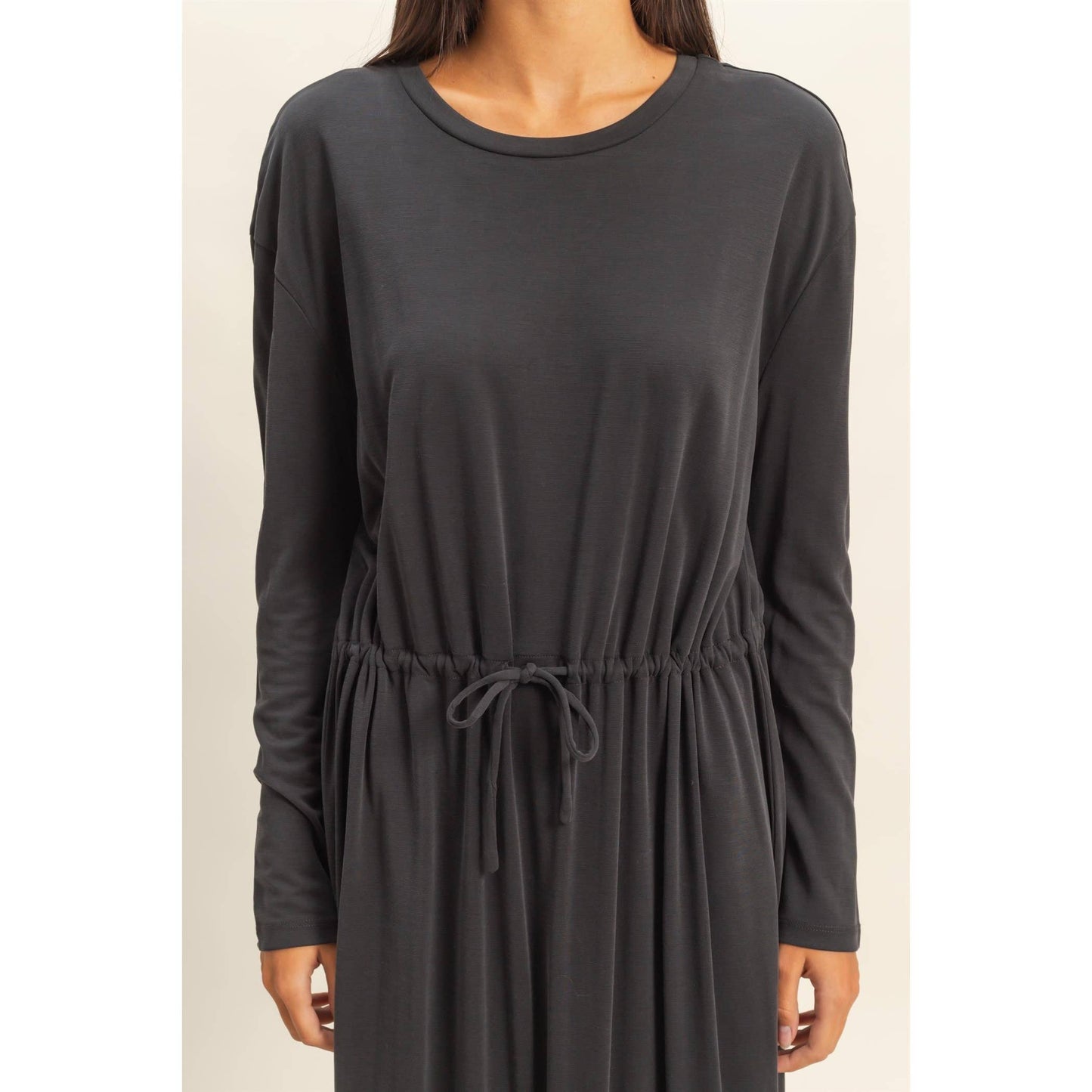 Drawstring Waist Long Sleeve Midi Dress: DEEP POND