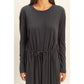 Drawstring Waist Long Sleeve Midi Dress: DEEP POND