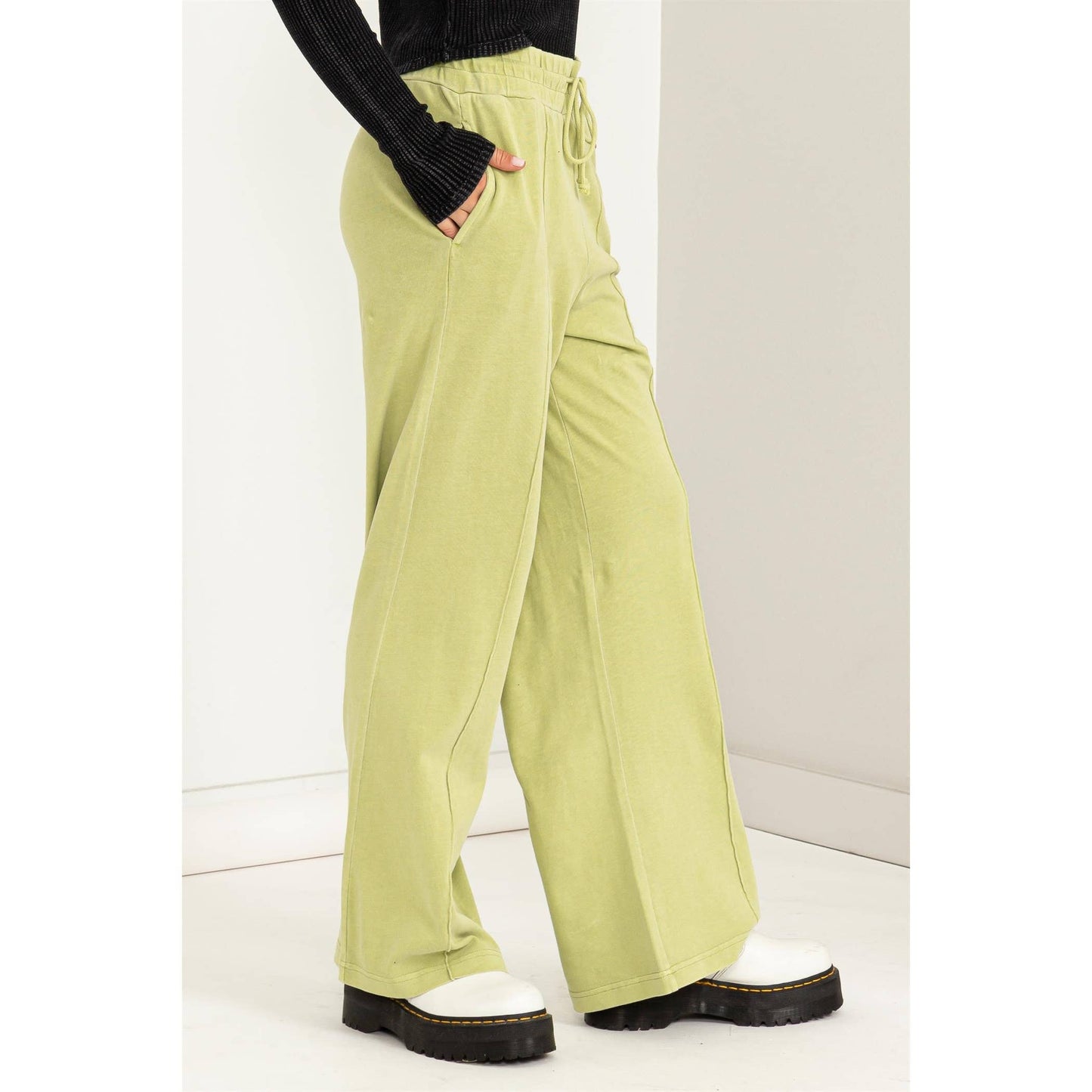 High Waist Drawstring Wide Leg Pants: DUSTY PINK / S-M-L(2-2-2)