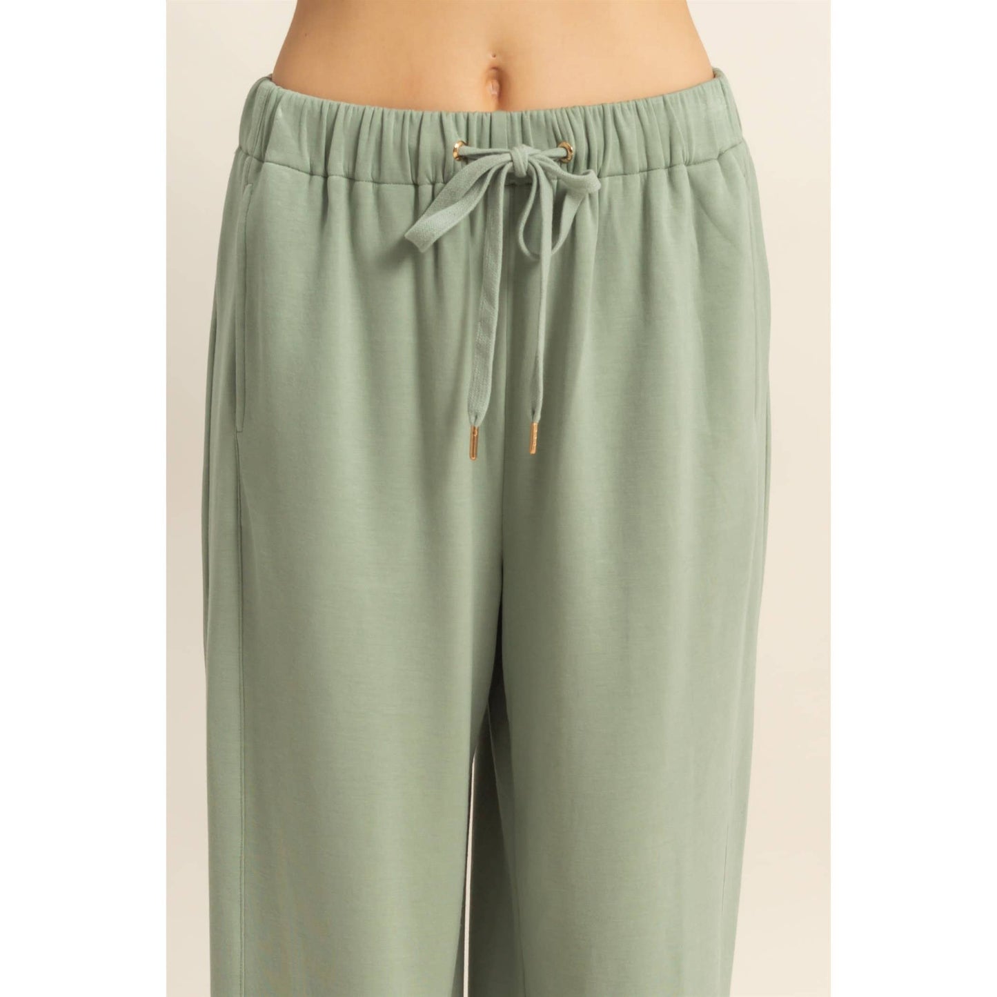 Knit Wide-Leg Trousers With Drawstring Waist: SAGE GREEN / S-M-L(2-2-2)