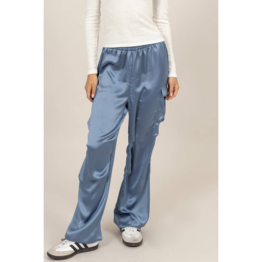 Satin Cargo Pants: GRAY BLUE