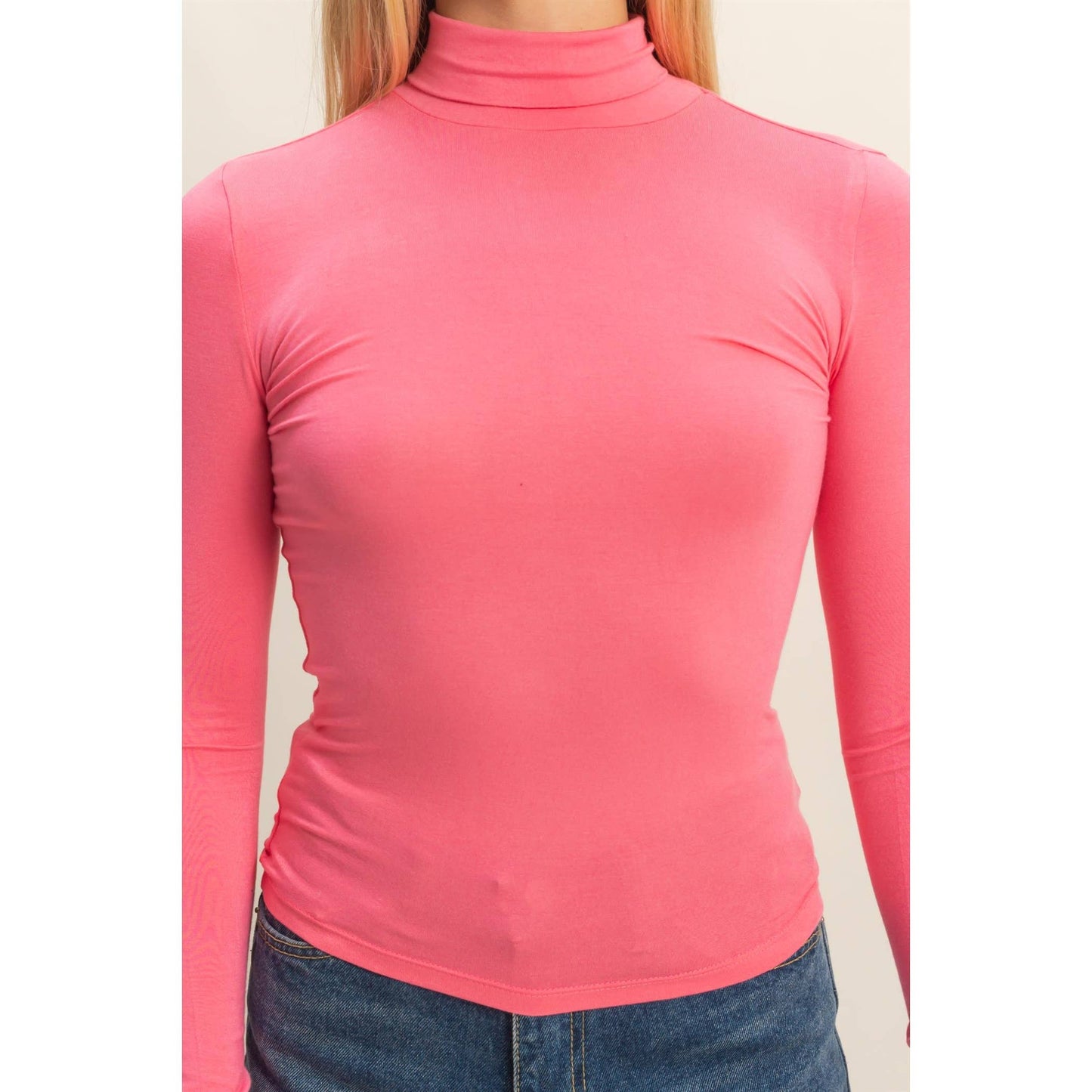 Turtleneck Long Sleeve Fitted Top: TAFFY PINK