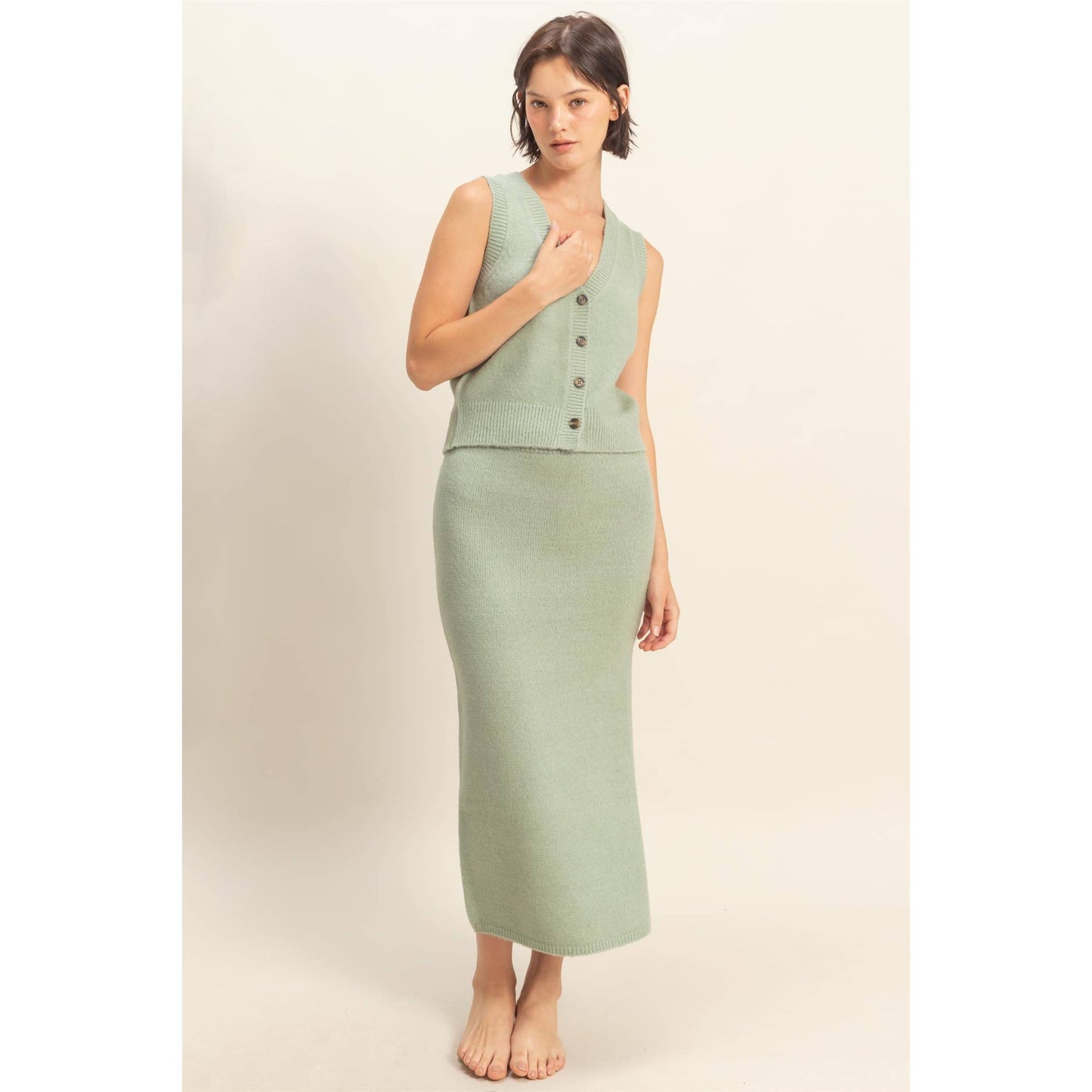 Button Front Vest & Midi Skirt Knit Set: SAGE GREEN