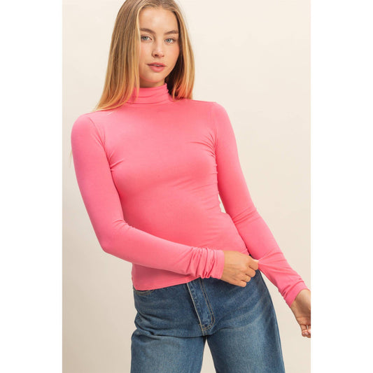 Turtleneck Long Sleeve Fitted Top: TAFFY PINK