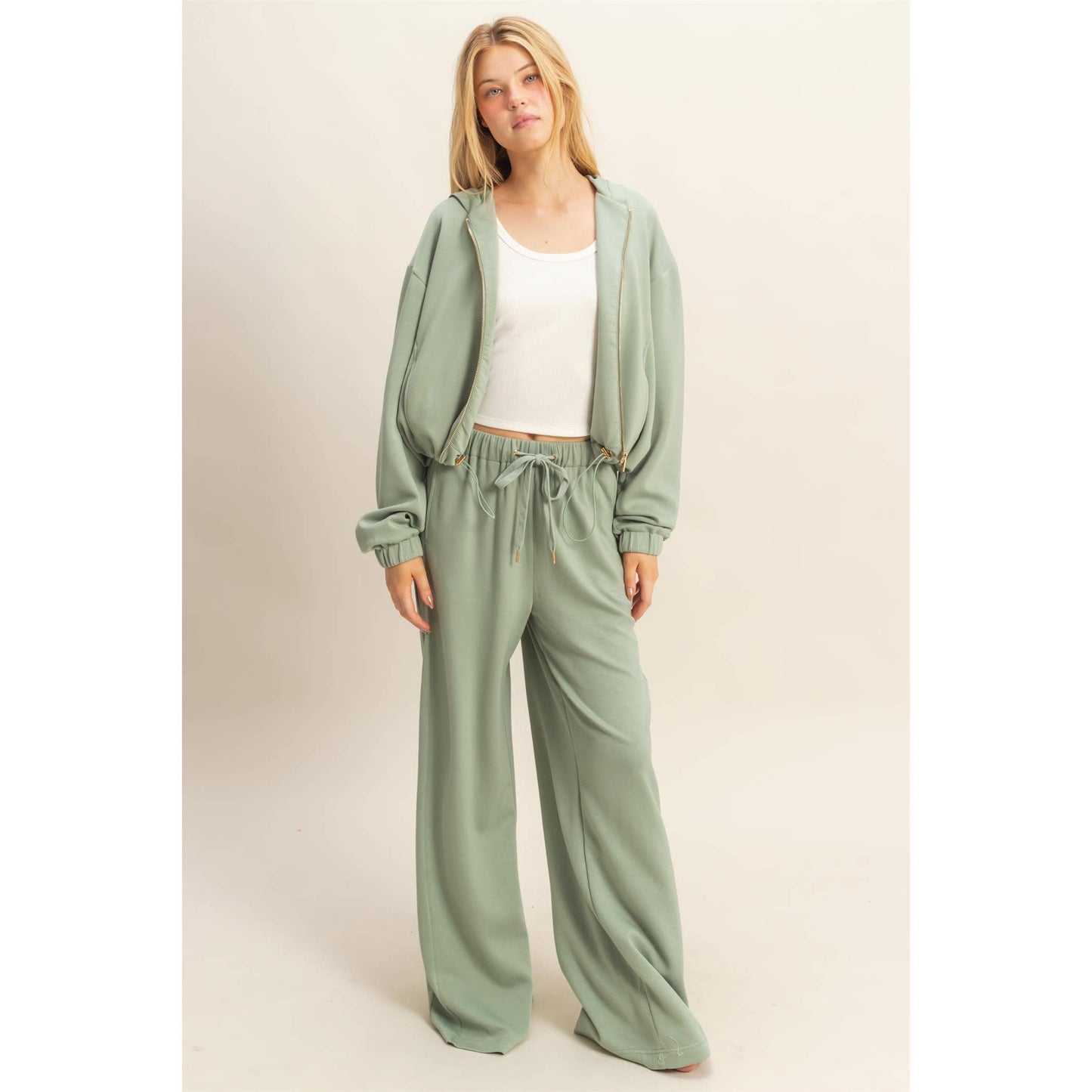 Knit Wide-Leg Trousers With Drawstring Waist: SAGE GREEN / S-M-L(2-2-2)