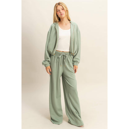 Knit Wide-Leg Trousers With Drawstring Waist: SAGE GREEN / S-M-L(2-2-2)